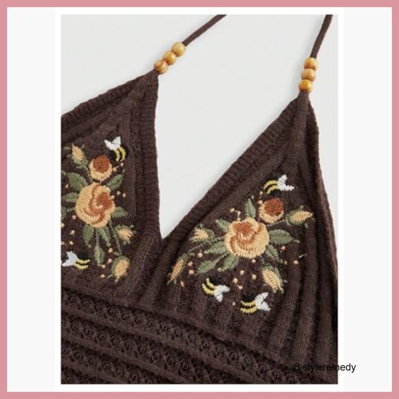 Viscose Halter Neck Crop Tank Top with Beaded Embroidery - Picture 4 of 5